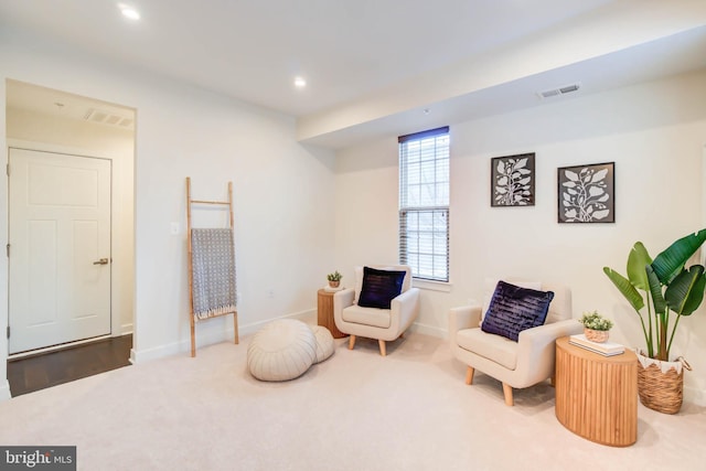 sitting room featuring carpet flooring