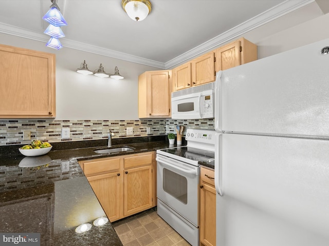 kitchen with white appliances, light brown cabinetry, sink, and dark stone countertops