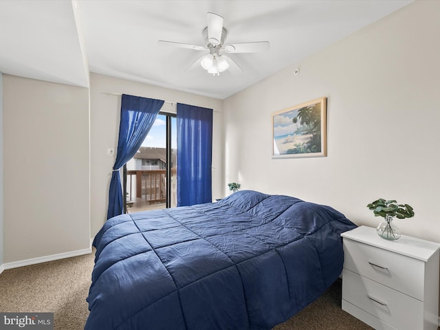 bedroom featuring carpet floors, access to outside, and ceiling fan