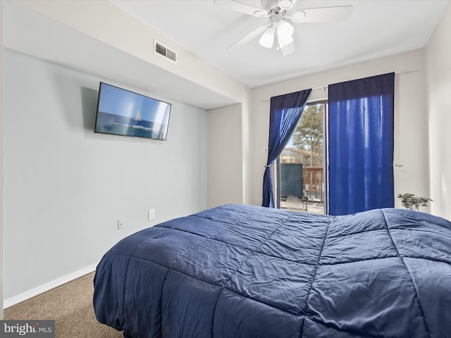 bedroom with carpet floors, ceiling fan, and access to outside