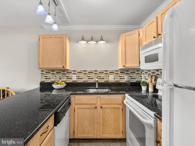 kitchen featuring dark stone countertops, light brown cabinetry, white appliances, and decorative light fixtures