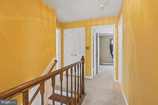 hall featuring light colored carpet