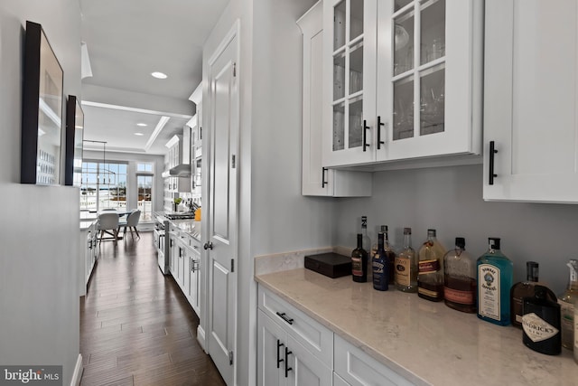 1335 Ashton Rd, Mechanicsburg, PA 17055 - bar with recessed lighting, a bar, dark wood-type flooring, decorative light fixtures, and high end stainless steel range
