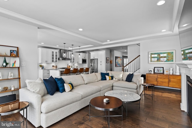 1335 Ashton Rd, Mechanicsburg, PA 17055 - living area with dark wood-type flooring, a raised ceiling, recessed lighting, and stairs