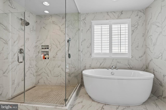 1335 Ashton Rd, Mechanicsburg, PA 17055 - full bath featuring a freestanding bath, marble finish floor, a shower stall, and recessed lighting