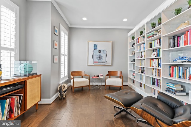 1335 Ashton Rd, Mechanicsburg, PA 17055 - living area featuring dark wood-style floors, baseboards, crown molding, and a healthy amount of sunlight