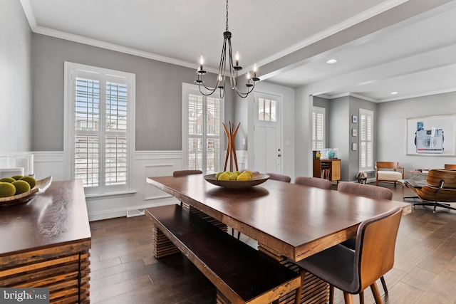 1335 Ashton Rd, Mechanicsburg, PA 17055 - dining space with dark wood finished floors, a notable chandelier, visible vents, and wainscoting