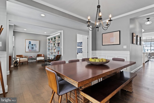1335 Ashton Rd, Mechanicsburg, PA 17055 - dining room featuring a notable chandelier, crown molding, recessed lighting, wainscoting, and wood finished floors