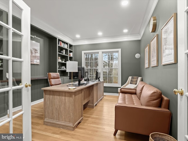 office area with french doors, recessed lighting, ornamental molding, light wood-type flooring, and baseboards