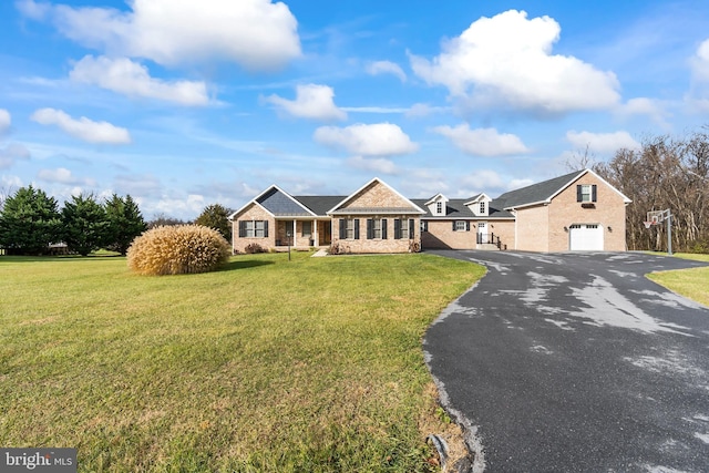 ranch-style house with a garage and a front lawn