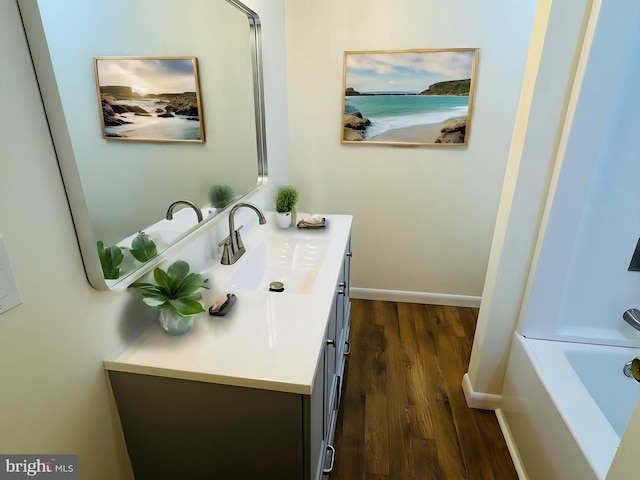 bathroom with hardwood / wood-style floors and vanity