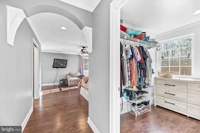 walk in closet with dark wood-type flooring and ceiling fan