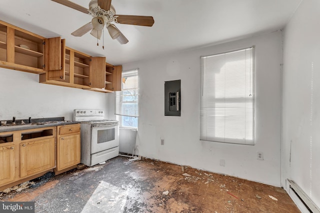 kitchen featuring ceiling fan, electric panel, a baseboard heating unit, and white electric range