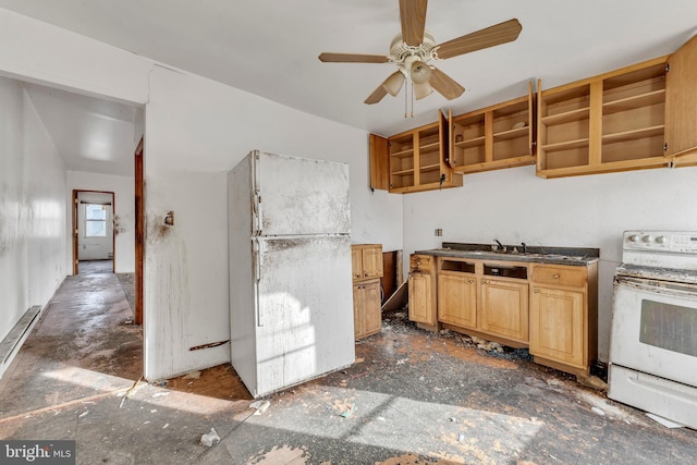 kitchen with ceiling fan, sink, white appliances, and light brown cabinetry