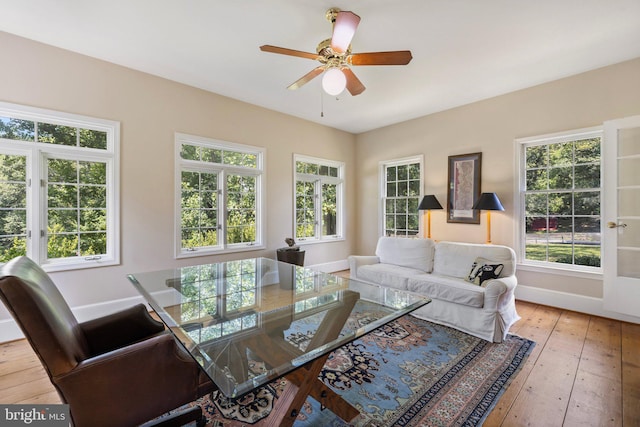 living room featuring light hardwood / wood-style flooring and ceiling fan