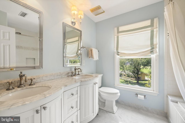 bathroom with vanity, toilet, and walk in shower