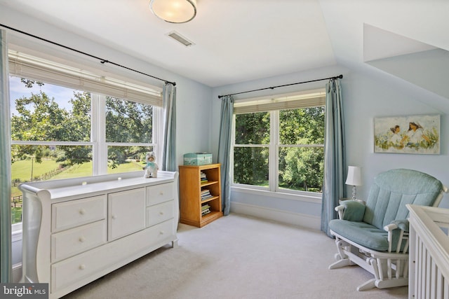 living area featuring vaulted ceiling and light carpet