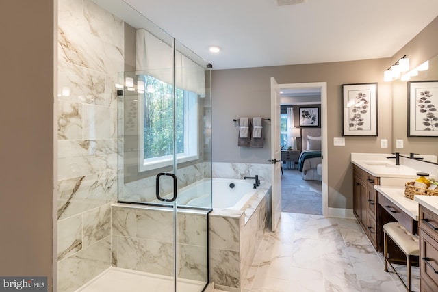 bathroom with plus walk in shower and vanity