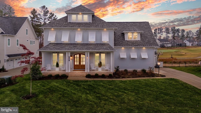 view of front of property with central AC, a porch, a garage, french doors, and a yard