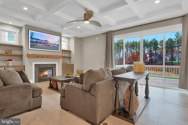 living room featuring coffered ceiling, light hardwood / wood-style flooring, beam ceiling, and ceiling fan