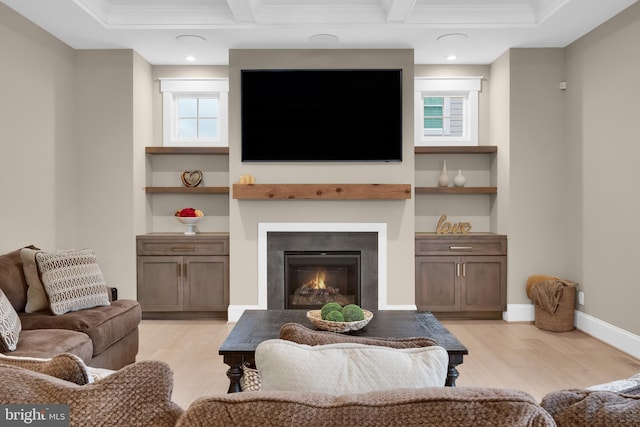 living room featuring built in shelves, light hardwood / wood-style floors, and crown molding