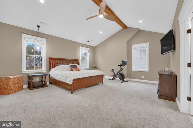 bedroom with ceiling fan, light carpet, and lofted ceiling with beams