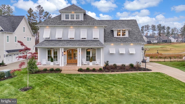 view of front of property with covered porch, french doors, and a front yard