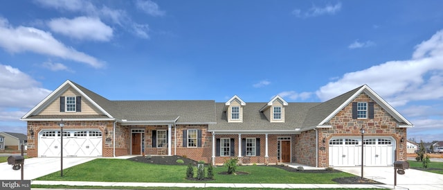 view of front of home with a front lawn, a garage, and covered porch