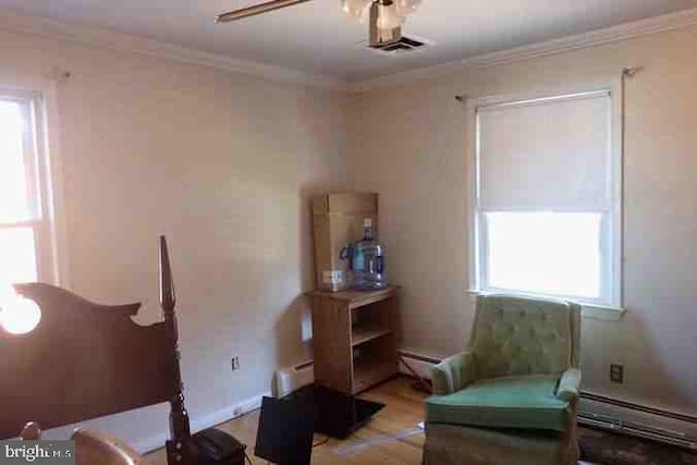 sitting room with ornamental molding, a wealth of natural light, and a baseboard heating unit