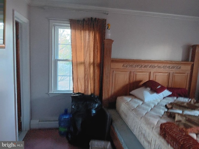 bedroom featuring crown molding and a baseboard radiator