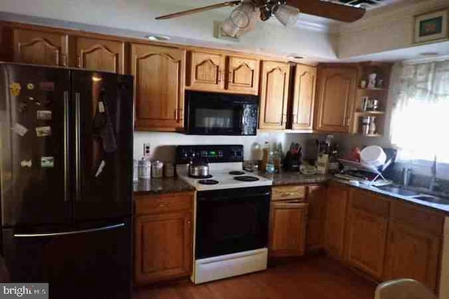 kitchen with black appliances, ceiling fan, and sink