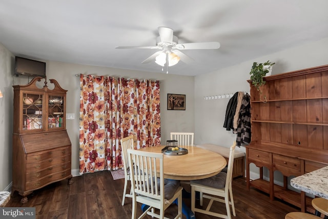 dining space with ceiling fan and dark wood-type flooring