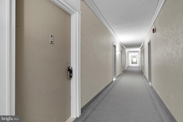 hall with crown molding and a textured ceiling