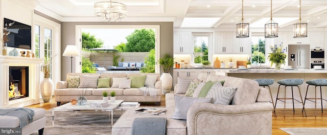 interior space with sink, coffered ceiling, beamed ceiling, and a notable chandelier