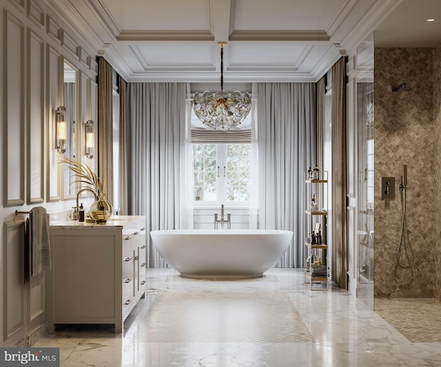 bathroom featuring beamed ceiling, crown molding, an inviting chandelier, vanity, and separate shower and tub