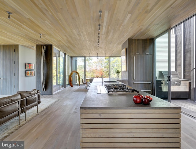 interior space with wood ceiling and rail lighting