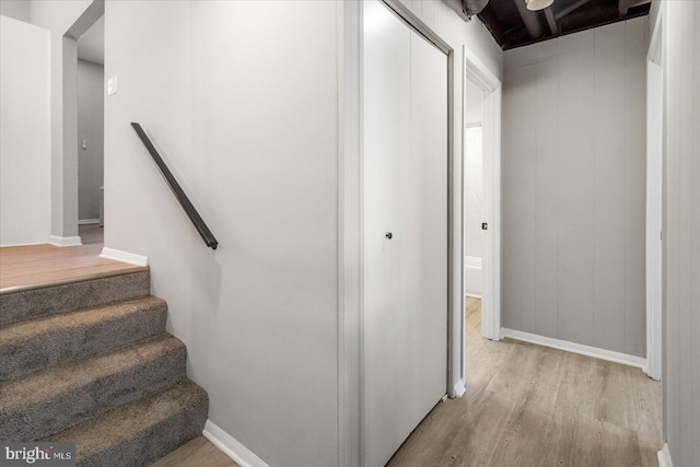 stairway with hardwood / wood-style floors