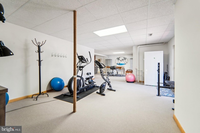 exercise room featuring carpet and a drop ceiling