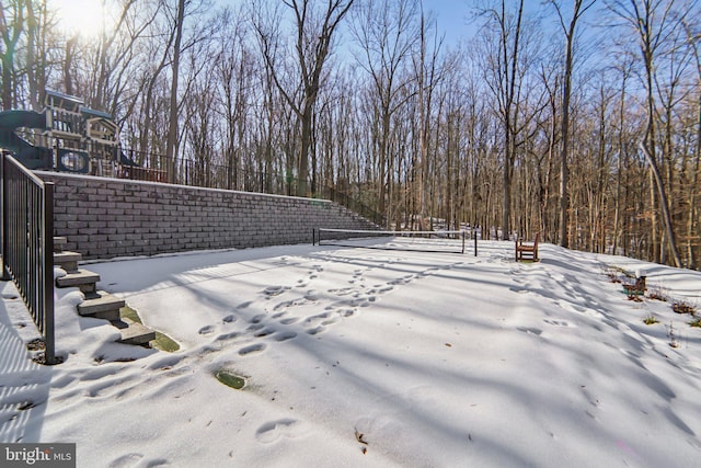 snowy yard with tennis court