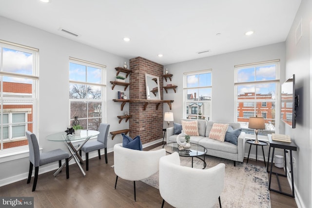 living room with dark hardwood / wood-style flooring