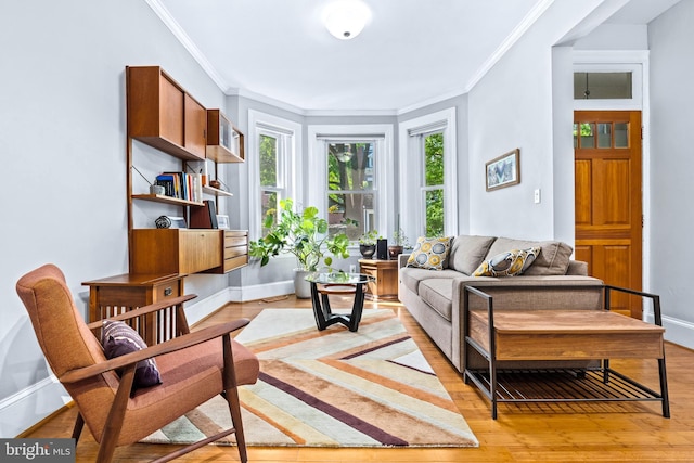 sitting room with crown molding and light hardwood / wood-style floors