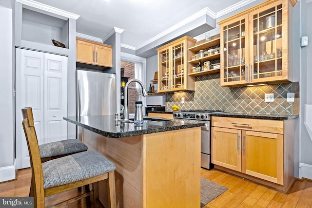 kitchen with appliances with stainless steel finishes, sink, tasteful backsplash, dark stone counters, and a kitchen island with sink