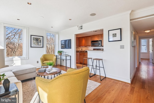 living room featuring crown molding and light wood-type flooring