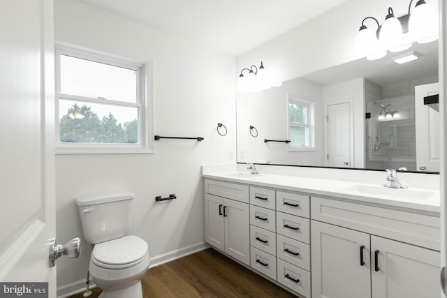 bathroom with a shower with shower door, plenty of natural light, wood-type flooring, and vanity