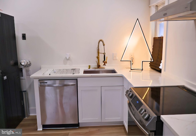 kitchen with electric stove, sink, light hardwood / wood-style flooring, dishwasher, and white cabinetry