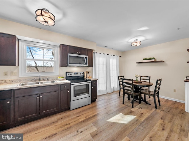 kitchen featuring light hardwood / wood-style flooring, sink, dark brown cabinets, and stainless steel appliances