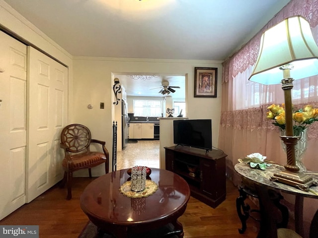 living area featuring ornamental molding, ceiling fan, and hardwood / wood-style floors