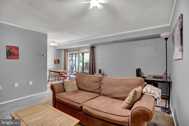 living room with a textured ceiling and carpet