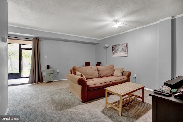 living room with crown molding, light colored carpet, and a textured ceiling