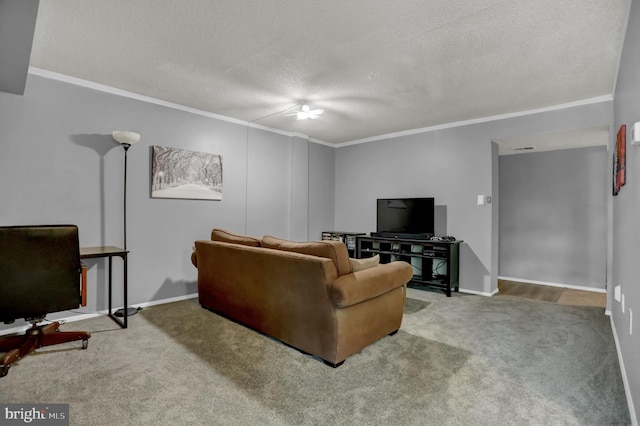 carpeted living room featuring a textured ceiling and ornamental molding